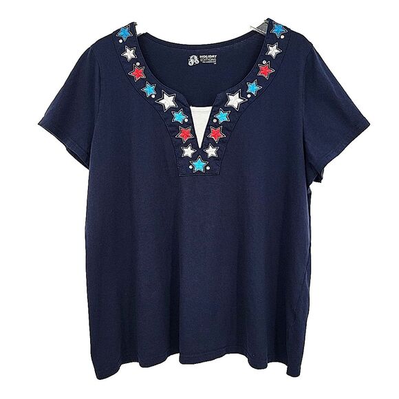 Red White Blue Stars Womens Top Size 1X Patriotic T-Shirt Holiday Editions - Picture 1 of 5